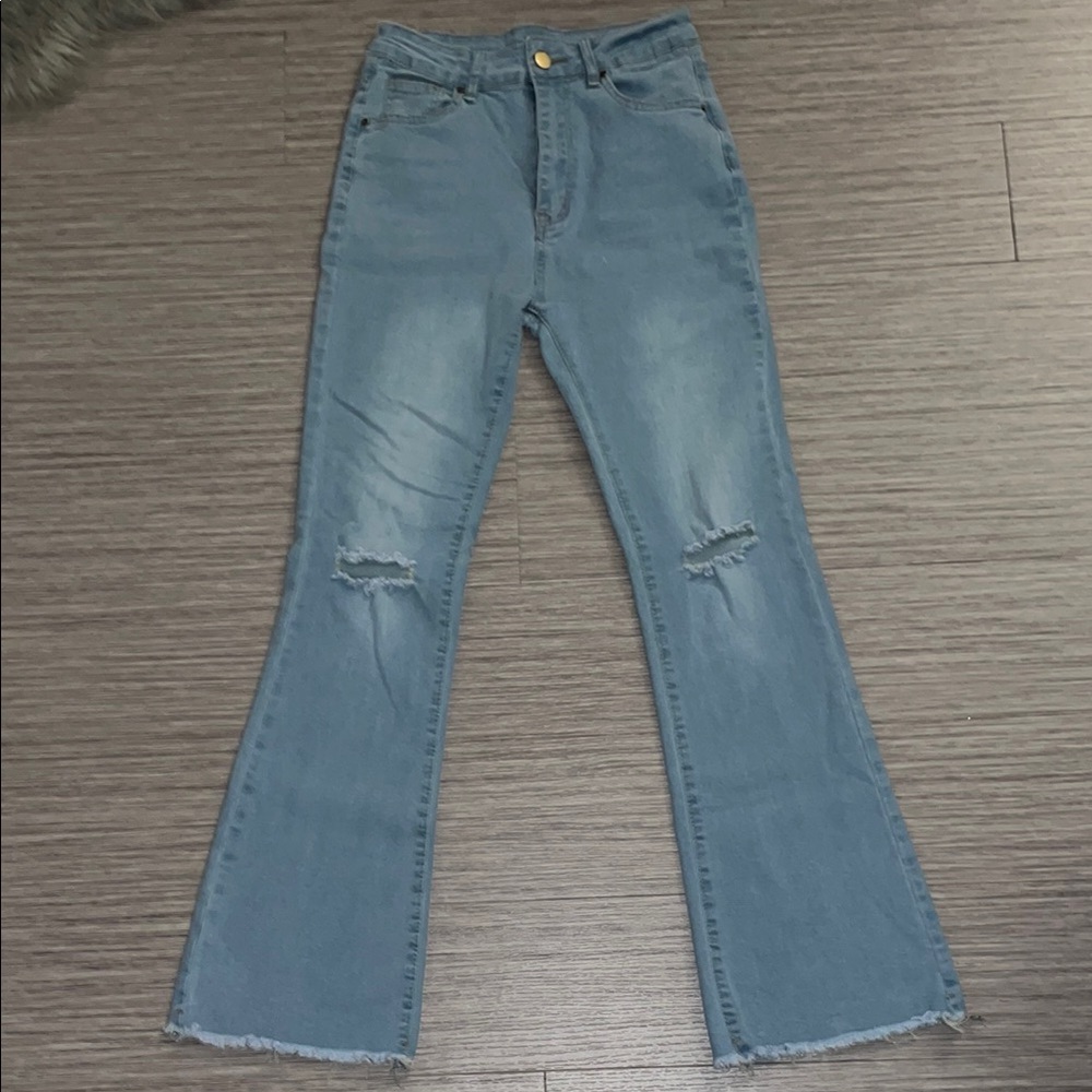 SHEIN Blue Flare Wide Leg Jeans with Distressed Details